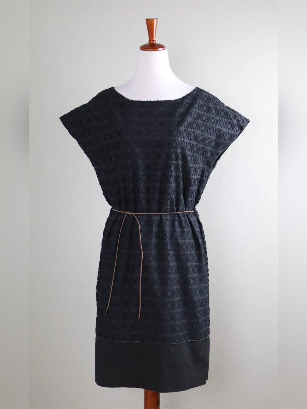 Black Textured Belted Shift Dress